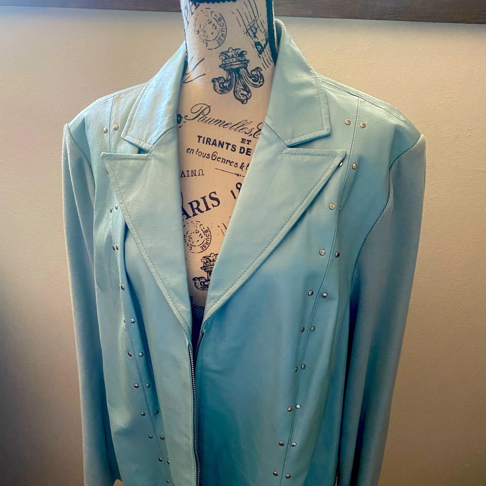 Vintage Plus Size Nygard Collection Baby Blue Studded Leather Jacket—EUC